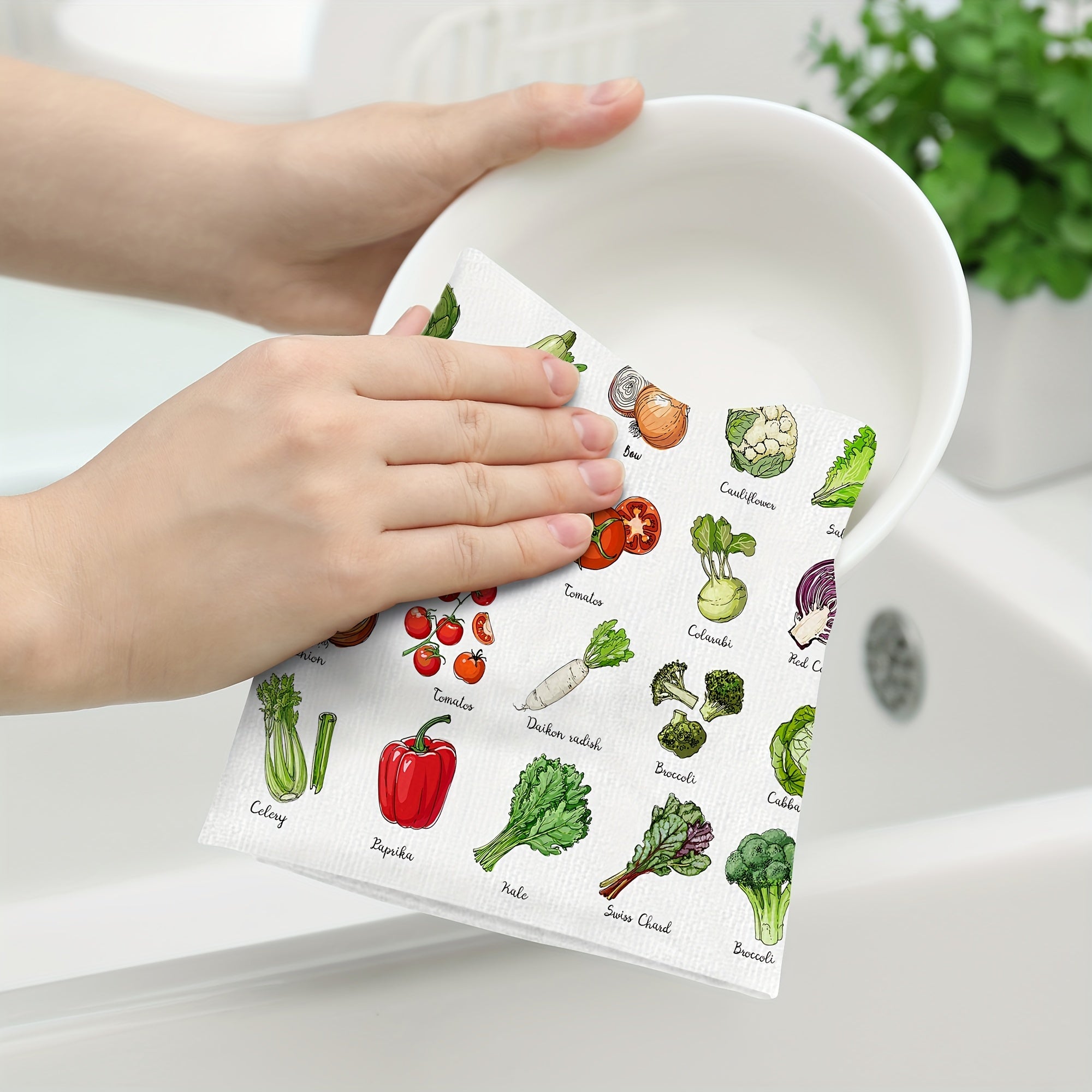 2pcs Veggie Pattern Hand Towels Microfiber Square Dish Cloths