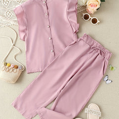 2pcs Toddler Girls Flutter Sleeve Button Blouse & Bow Wide Leg Pants Set