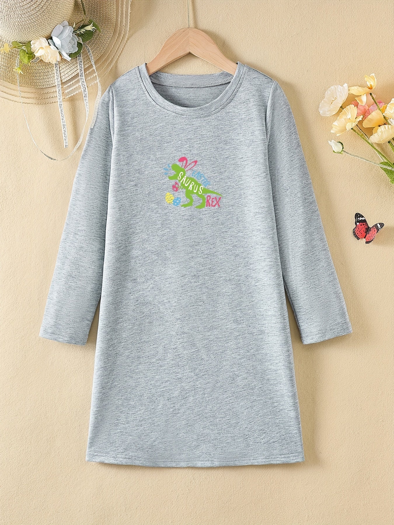 Easter Dinosaur Short Sleeve Casual T Shirt Dress for Toddler Girls