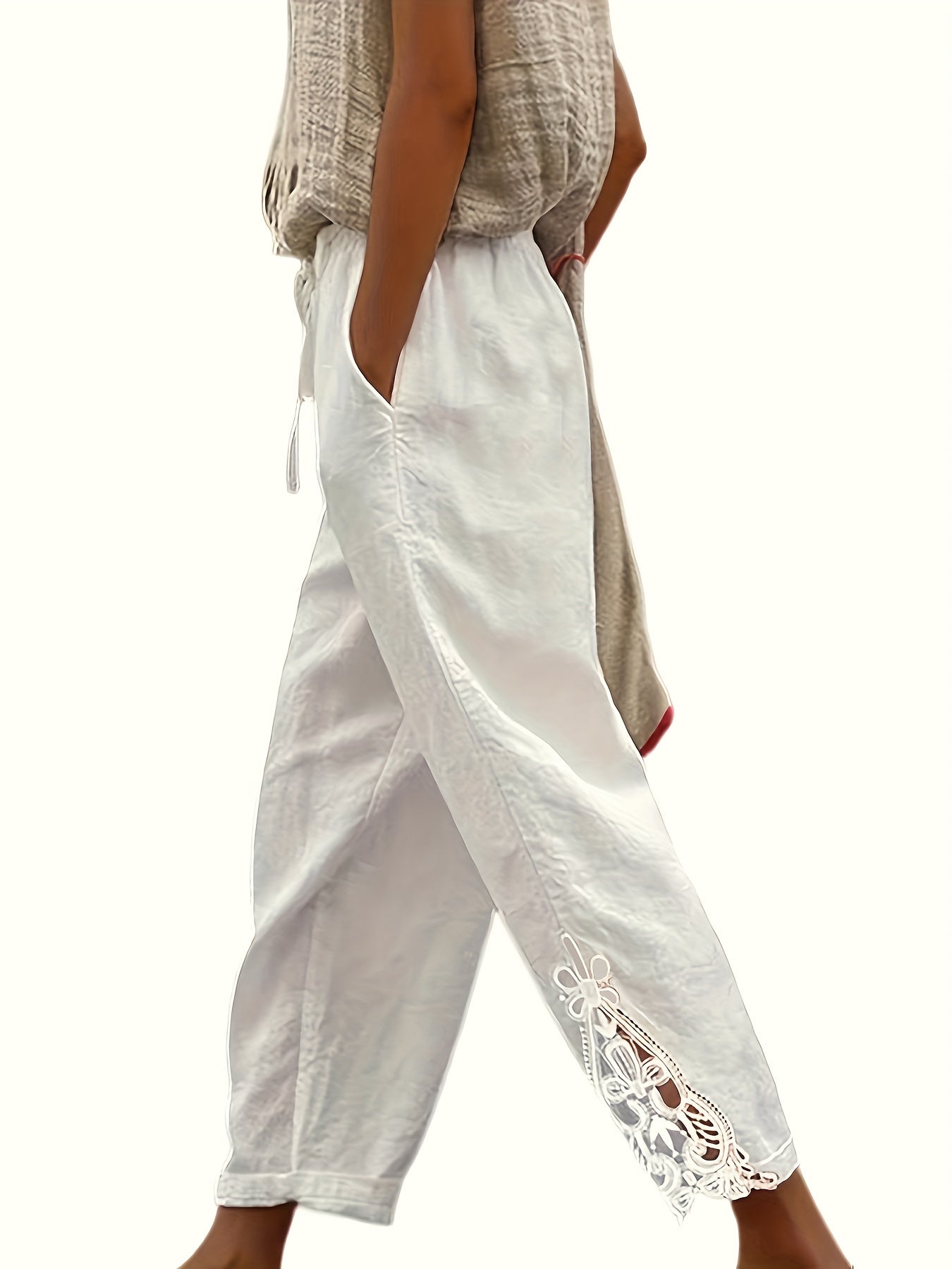 Lace Drawstring Waist Pants Solid Loose Casual Pants