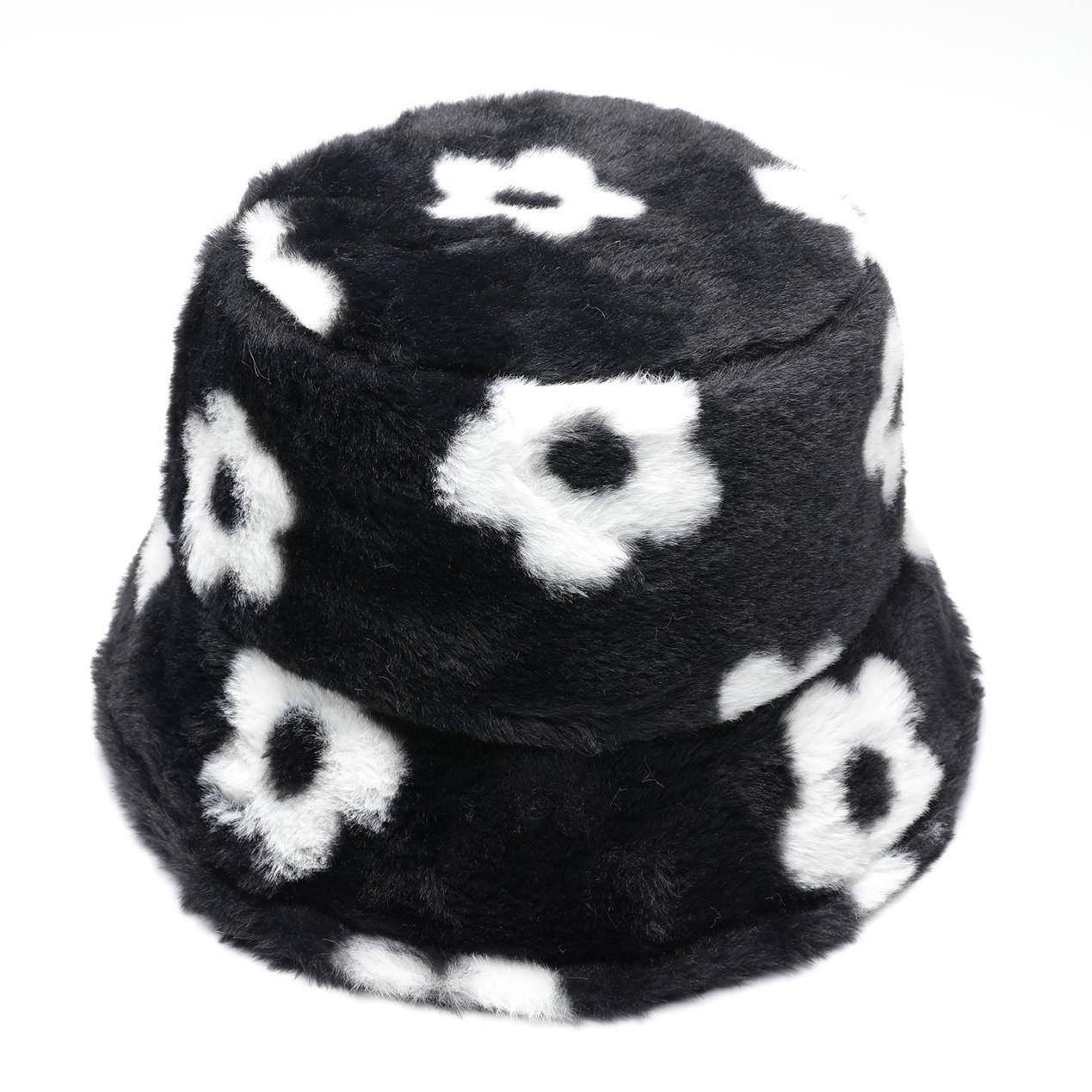 Winter Faux Fur Bucket Hat Flowers Floral Fluffy Fisherman Caps For Women
