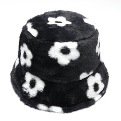 Winter Faux Fur Bucket Hat Flowers Floral Fluffy Fisherman Caps For Women