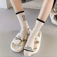 5 Pairs Letter Print Socks Comfy & Breathable Mid Tube Women's Stockings
