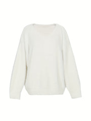 Solid Eyelash Long Sleeve V Neck Sweater