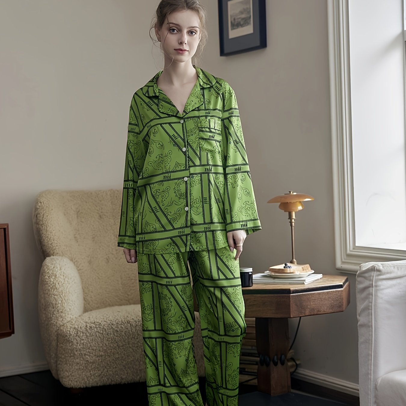 Geometric Print Pajama Set Long Sleeve Top & Pants