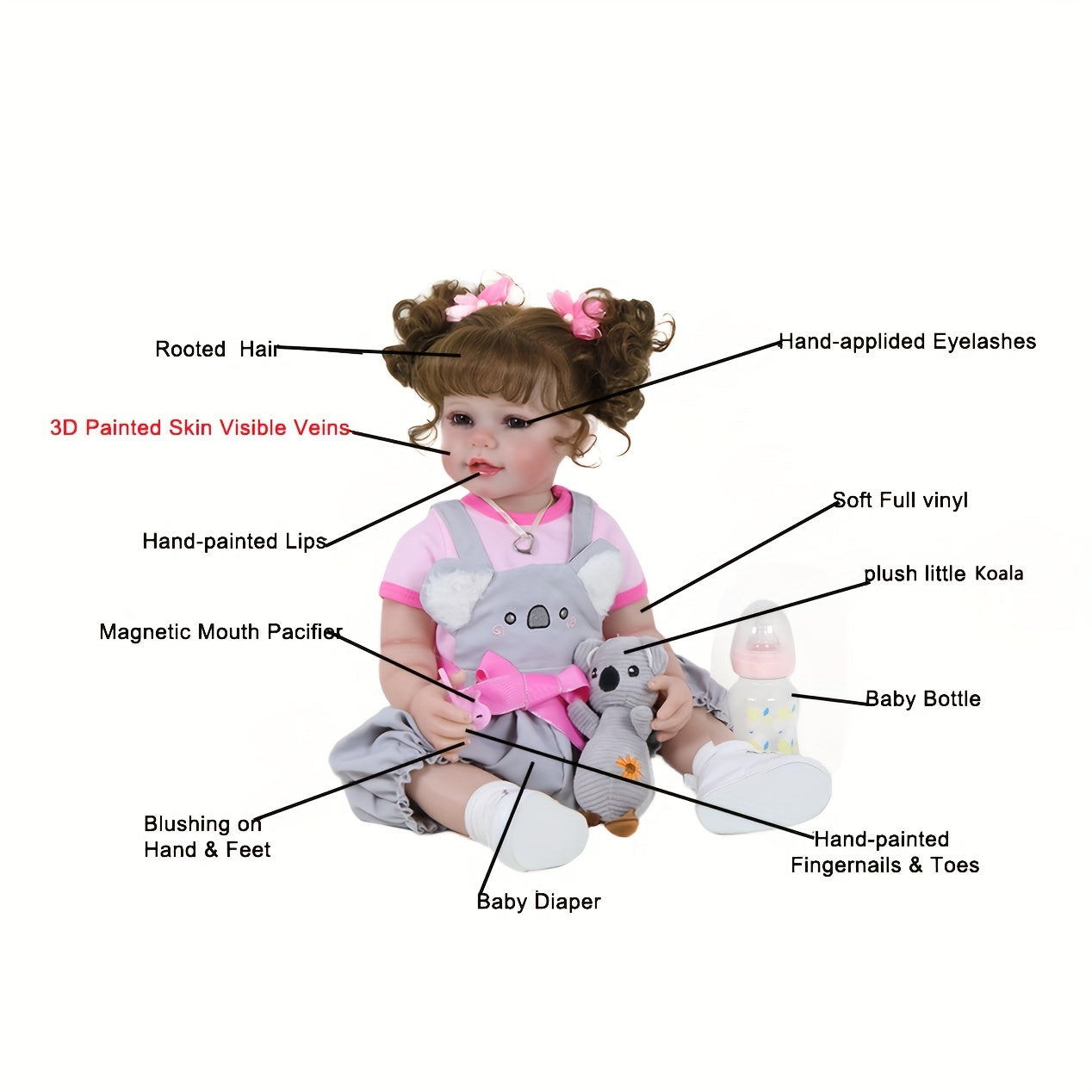 Reborn Toddler Girl Doll 55-88cm Full Vinyl with Rooted Hair & Koala Plush