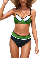 Colorblock V Neck Bikini Set Back Buckle High Cut Swimsuit