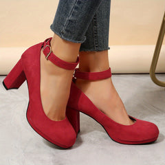Red Block Heels Buckle Strap Pumps