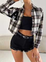 Plaid Pattern Crop Jacket Long Sleeve Button Outerwear