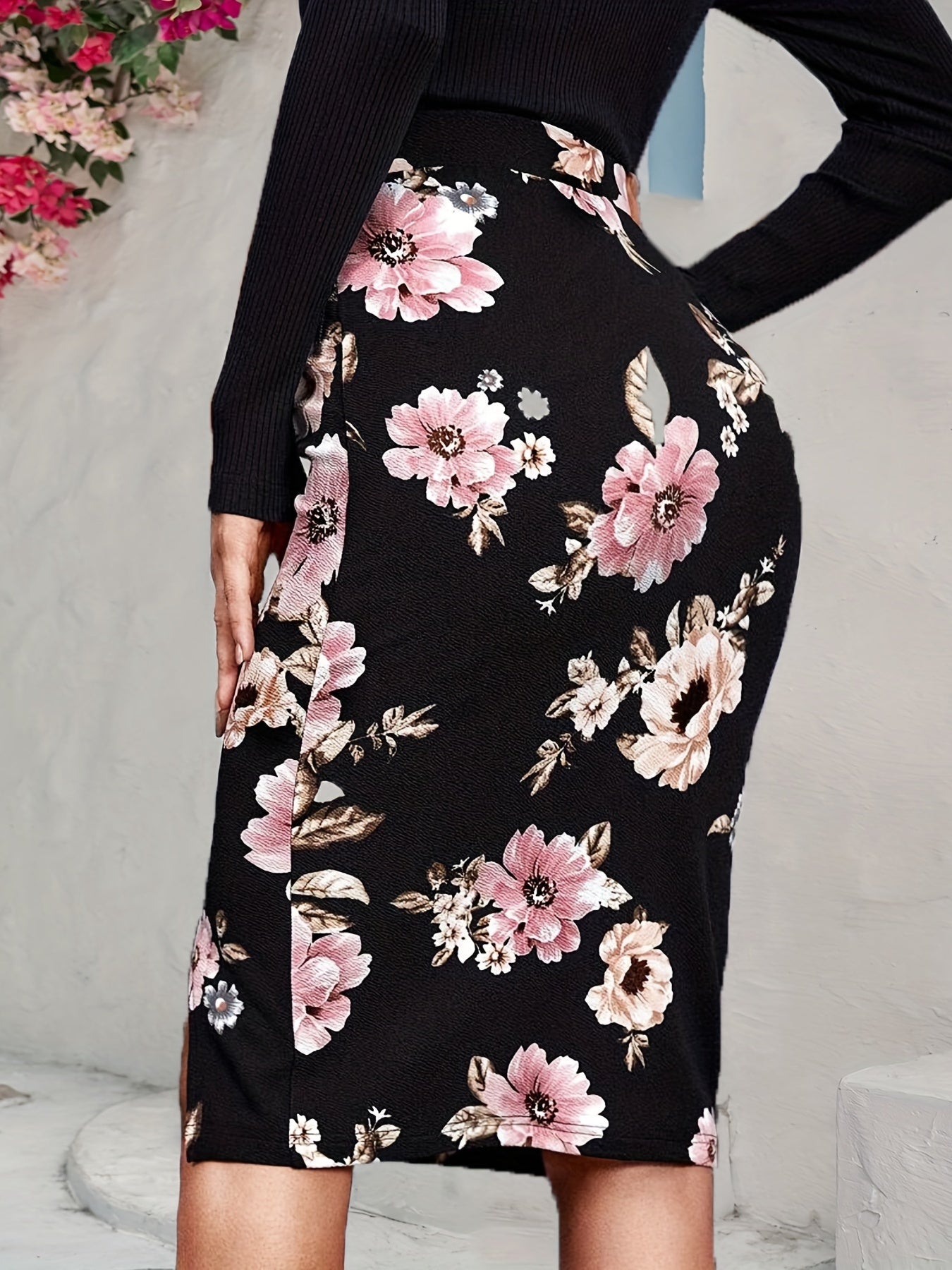 Floral Print Split Bodycon Skirt High Waist Skirt for Spring & Summer