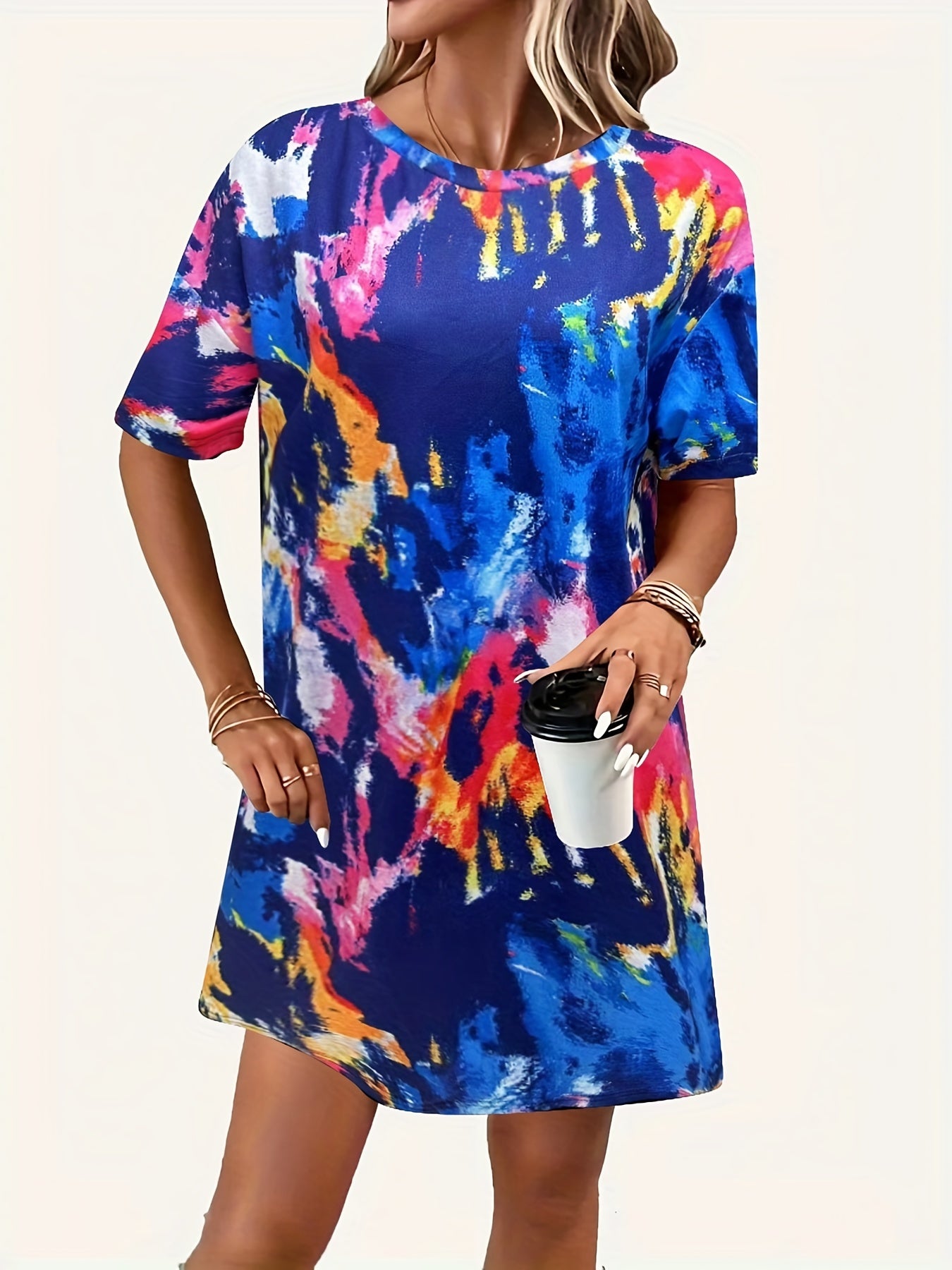 Tie Dye Crew Neck Short Sleeve Dress Women's Clothing