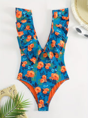 Floral Print Deep V Neck One Piece Swimsuit Ruffle Trim Vintage Style