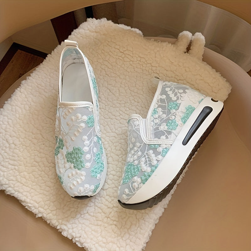 Floral Embroidered Sneakers Mesh Platform Shoes Inner Wedge Heel