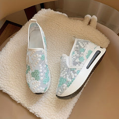 Floral Embroidered Sneakers Mesh Platform Shoes Inner Wedge Heel