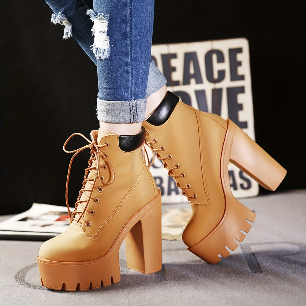 Chunky Heeled Short Boots Round Toe Lace Up High Heels Waterproof Shoes