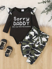 Baby Girls Casual Romper with Sorry DADDY Print & Camouflage Pants Set