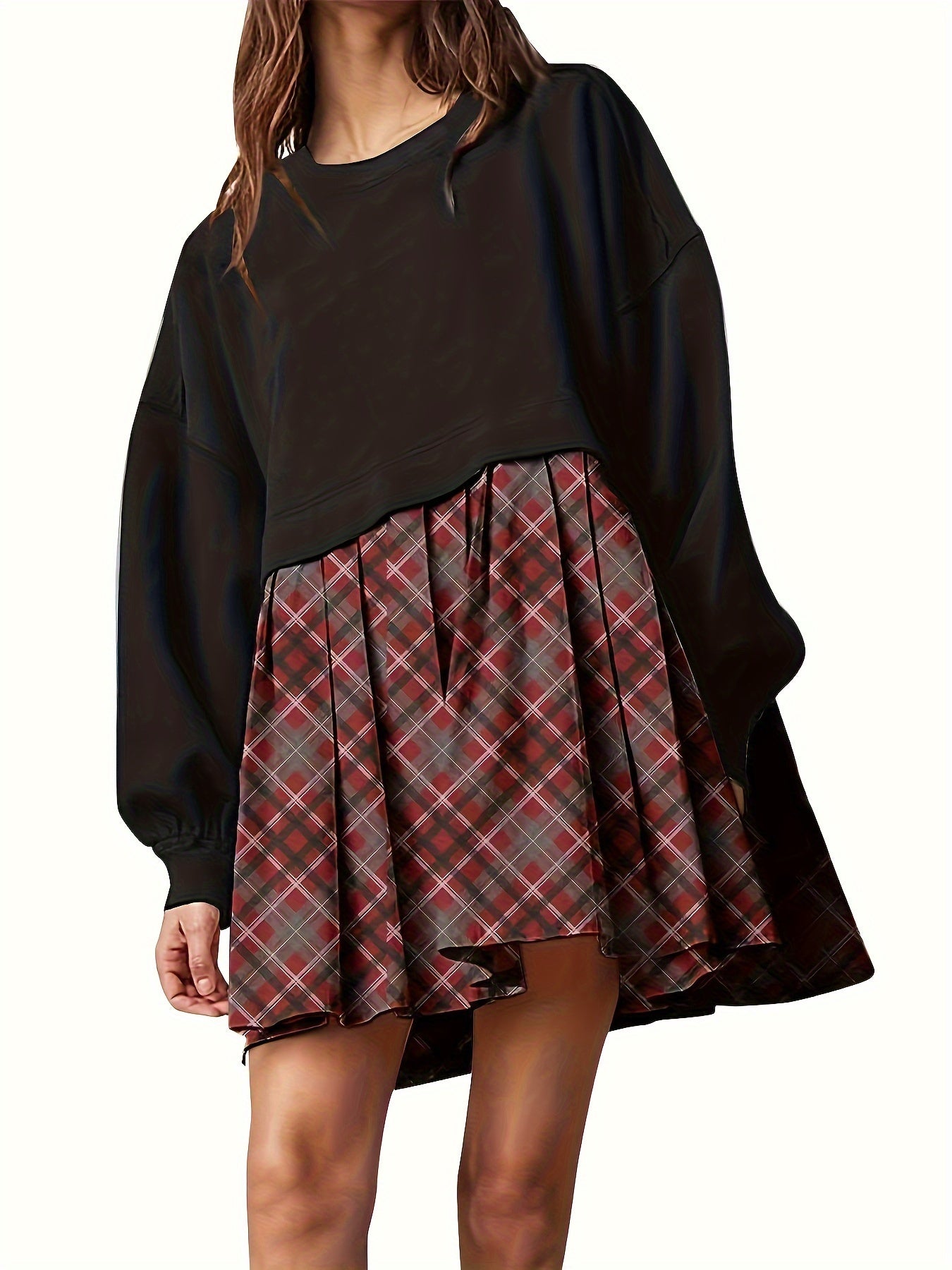 Colorblock Plaid Print Long Sleeve Dress