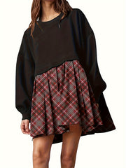 Colorblock Plaid Print Long Sleeve Dress