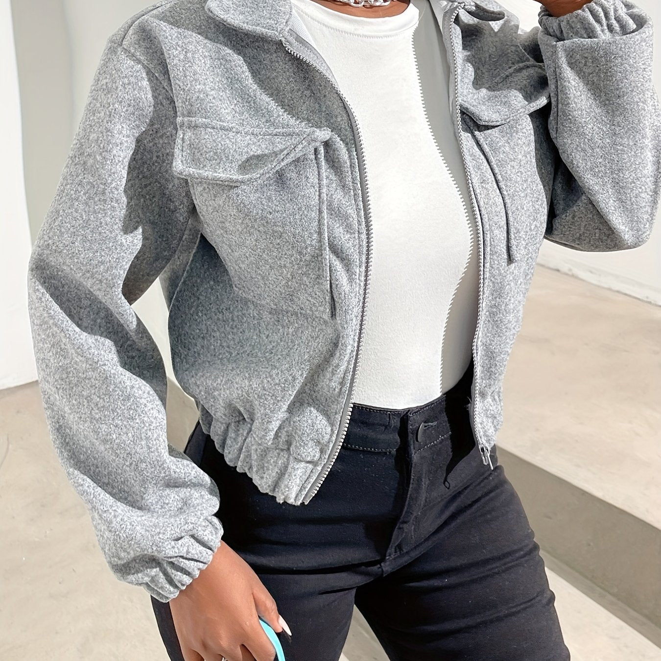 Zip Up Solid Jacket Long Sleeve Outerwear