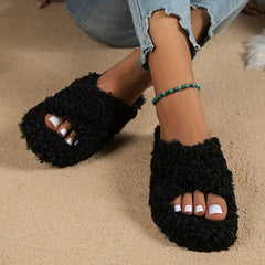 Faux Fur Platform Slip-On Shoes Cross Strap Slippers