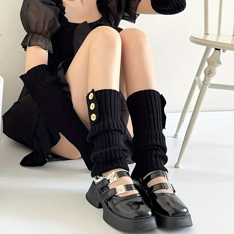 Ribbed Leg Warmers Buttons Decor Socks Women's Stockings