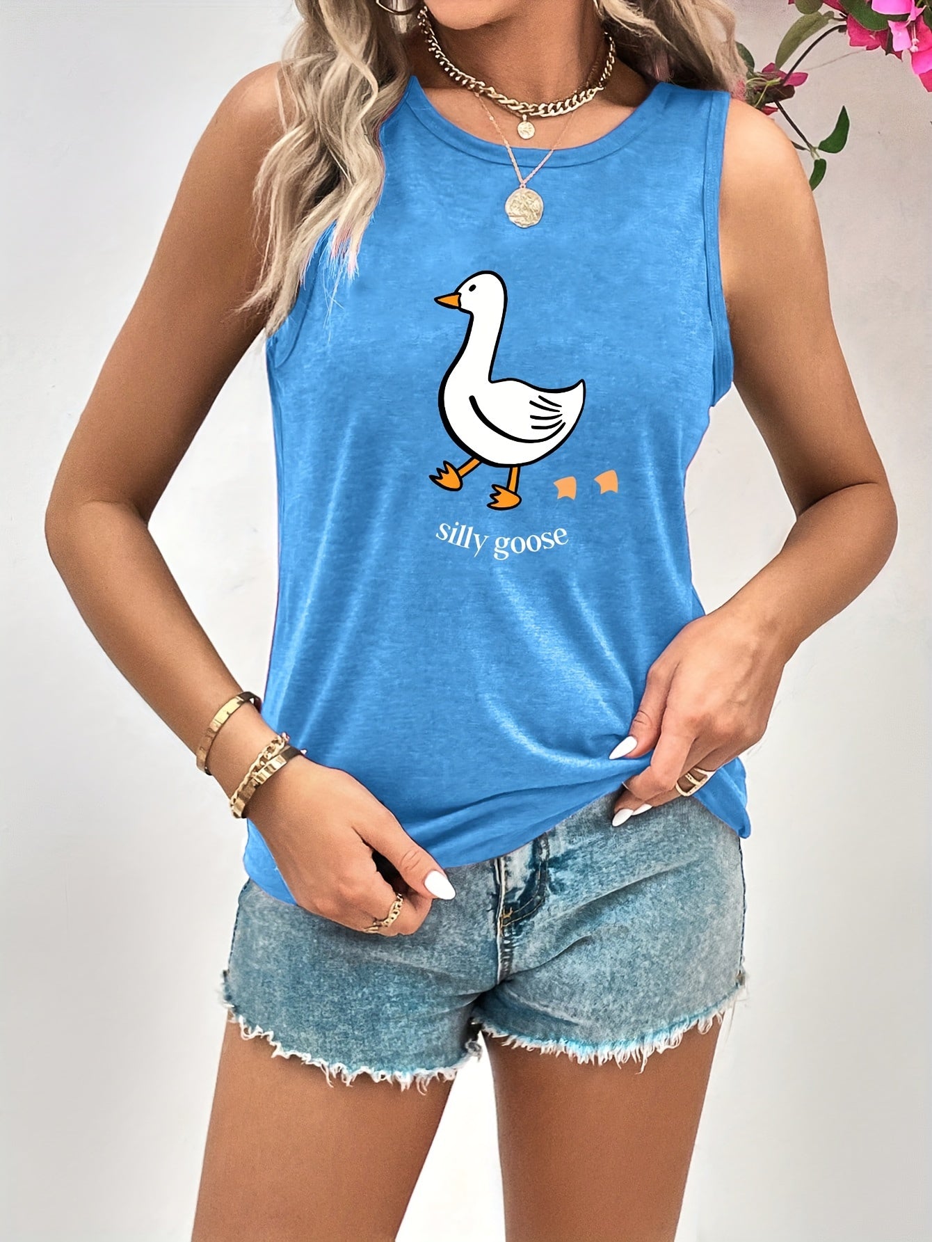 Goose Print Sleeveless Top Crew Neck Summer Top