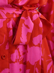 Floral Print Button Up Long Sleeve A-line Dress With Belt