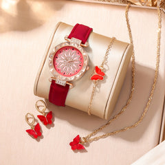 Red Rhinestone Quartz Watch & Red Butterfly Jewelry Set