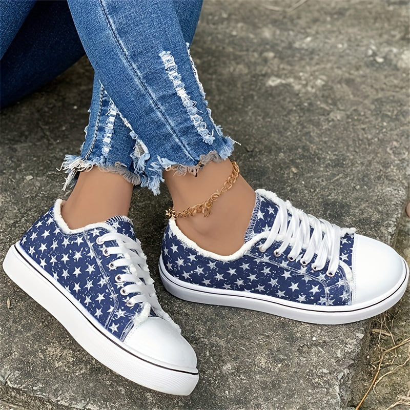 Women's Star Pattern Canvas Shoes Lace Up Low Top Flat Sneakers