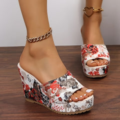 Floral Print Wedge Slippers Open Toe Sandals