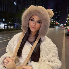 Winter Bear Ears Furry Hat Lovely Fluffy Beanie Hat For Girls Women