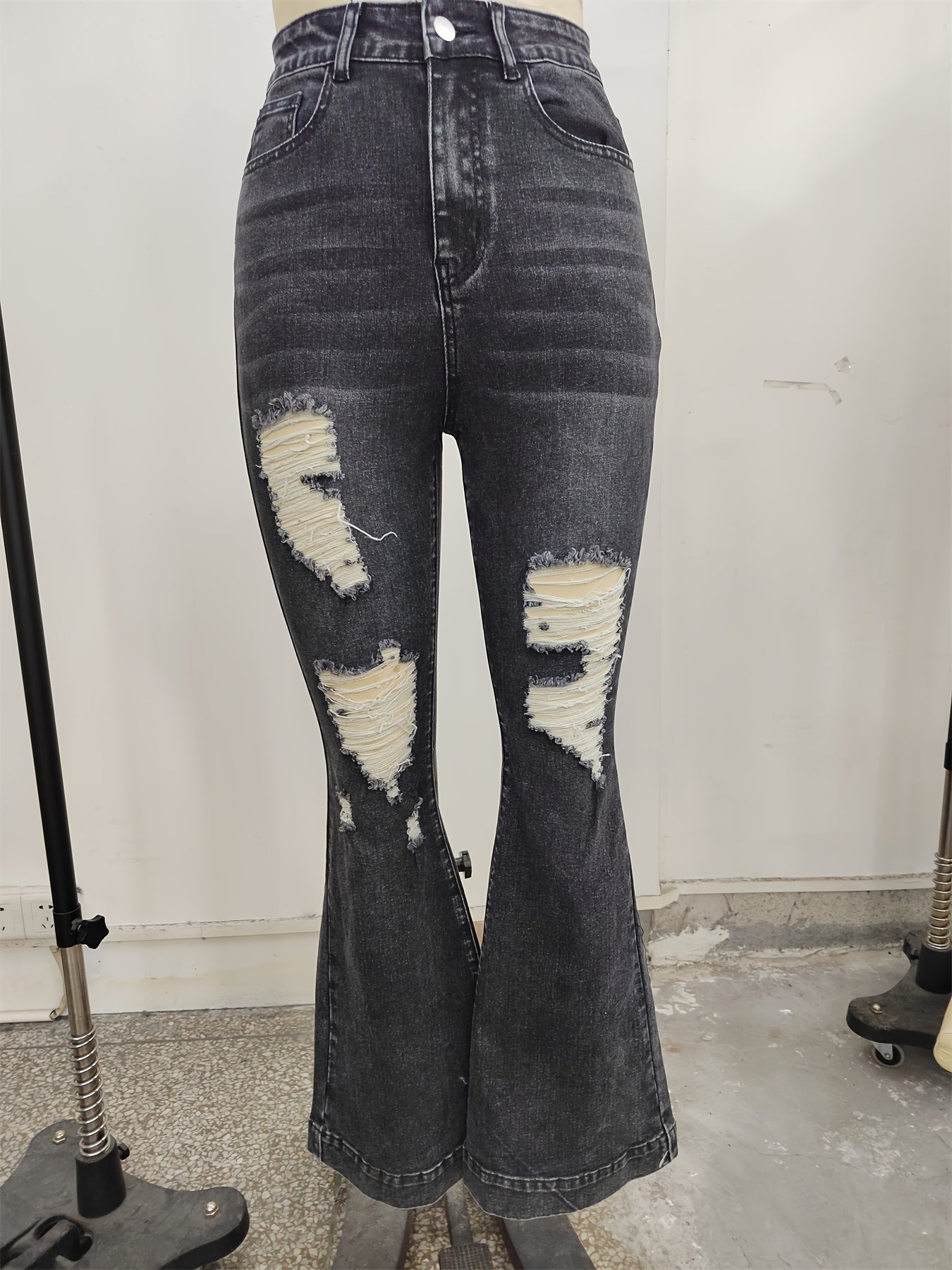 Vintage Flare Leg Ripped Jeans Distressed High Rise Whiskering Bell Botton Retro