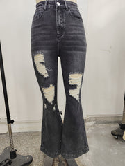 Vintage Flare Leg Ripped Jeans Distressed High Rise Whiskering Bell Botton Retro