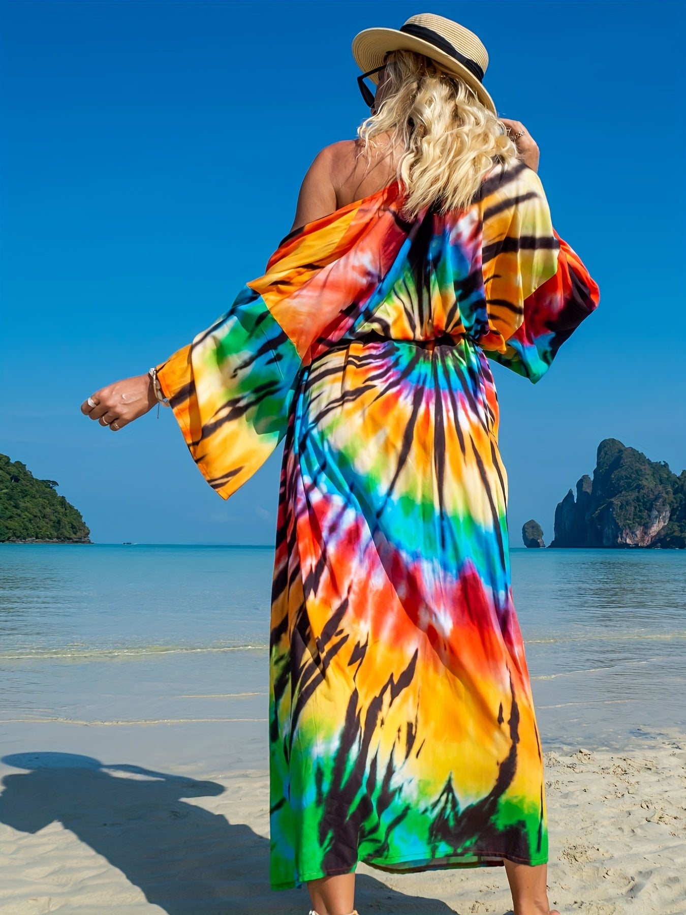 Ombre Tie Dye Stripe Wrap Cover Up - Wide Sleeve