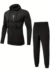 Men's Sports Suit Zip Hooded Jacket & Stretch Pants for Gym Workouts