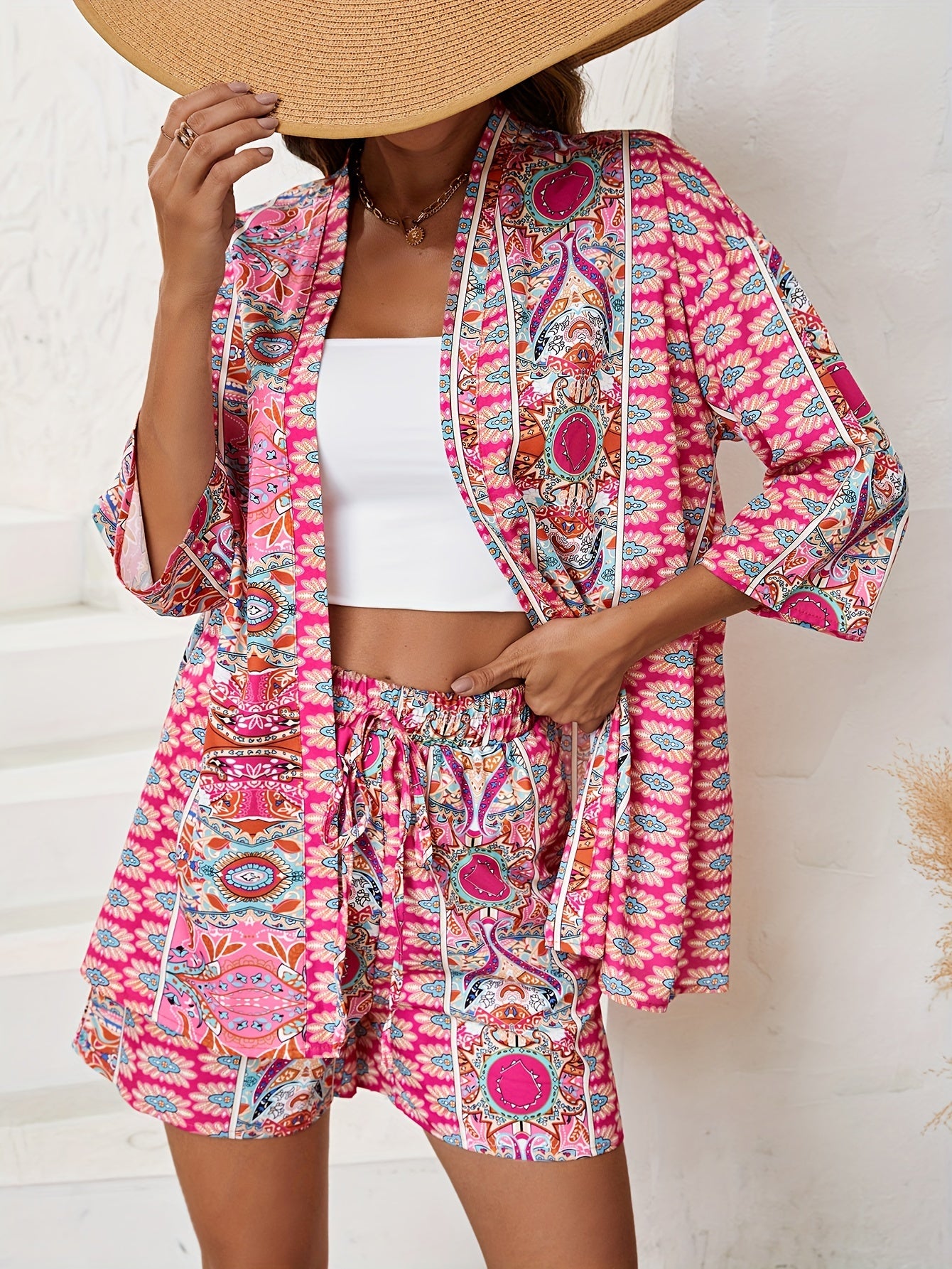 Paisley Print Cardigan & Tie Shorts Set