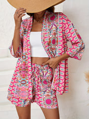 Paisley Print Cardigan & Tie Shorts Set