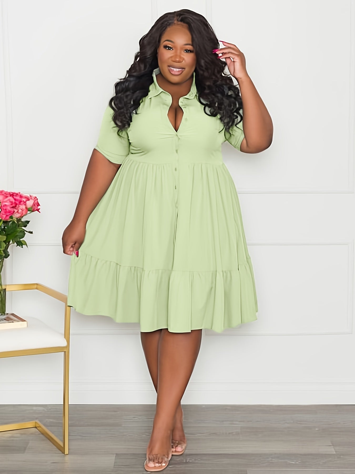Button Front Midi Dress Women's Solid Short Sleeve Shirt Dress