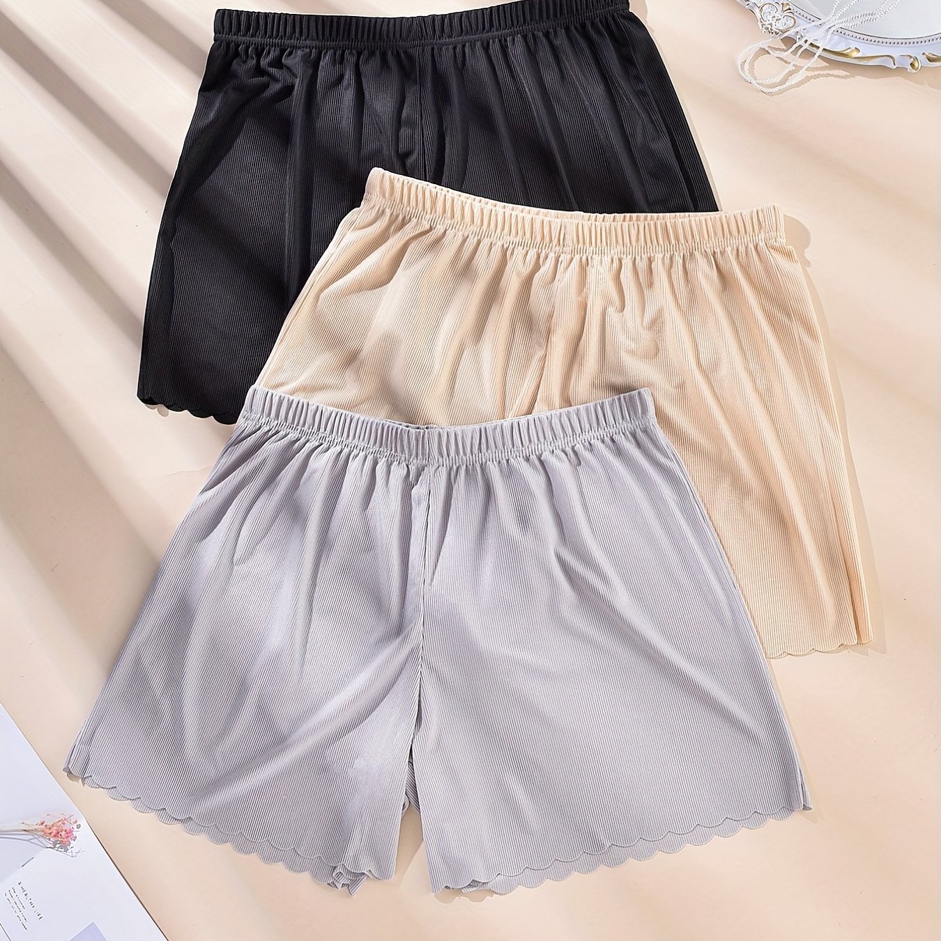 3 Pack Plus Size Ribbed Wave Trim Elastic Waist High Stretch Pajama Shorts