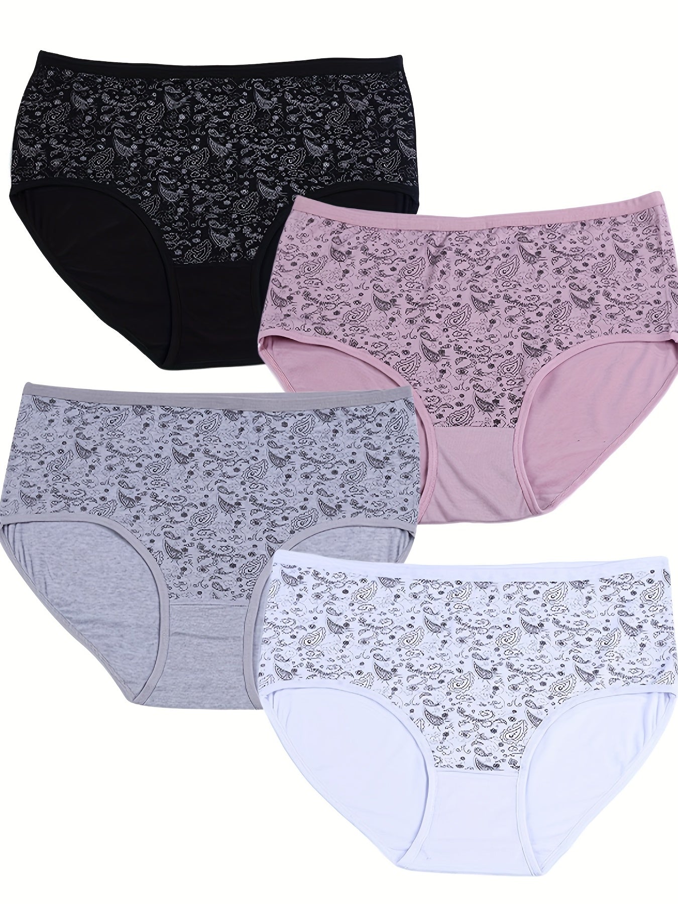 4 Pack Plus Size Boho Panties Set Women's Plus Paisley Print Underwear