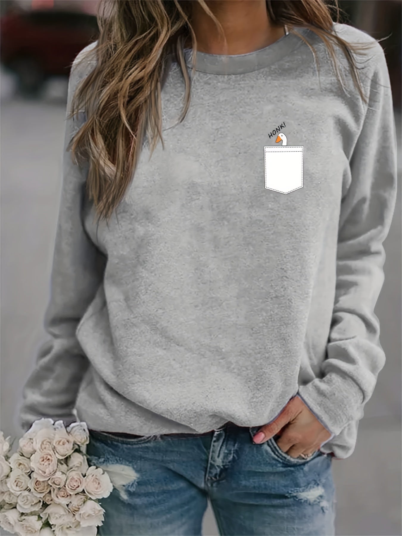 Goose Print Sweatshirt Casual Long Sleeve Crew Neck Sweatshirt