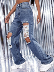 Distressed High Rise Wide Leg Jeans Ripped Knee Cut Denim Pants