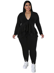 Ruffle Trim V Neck Long Sleeve Shirt & Pants Set Plus Size