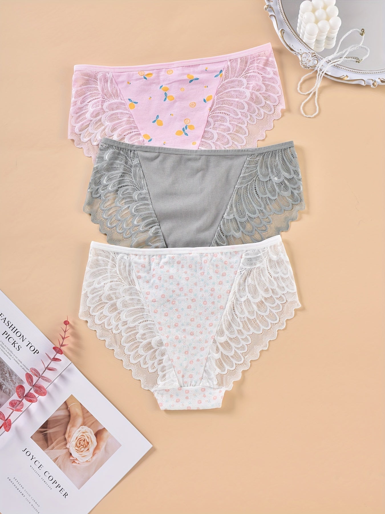 3 Pack Plus Size Graphic Lace Floral Print Panty Set