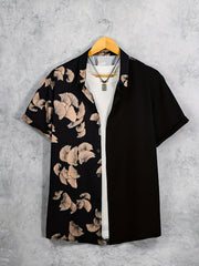 Men's Casual Mushroom Block Leaf Flower Pattern Print Short Sleeve Shirt