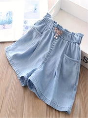Girls Bow Denim Shorts Elastic Waist Comfortable Thin Short Pants