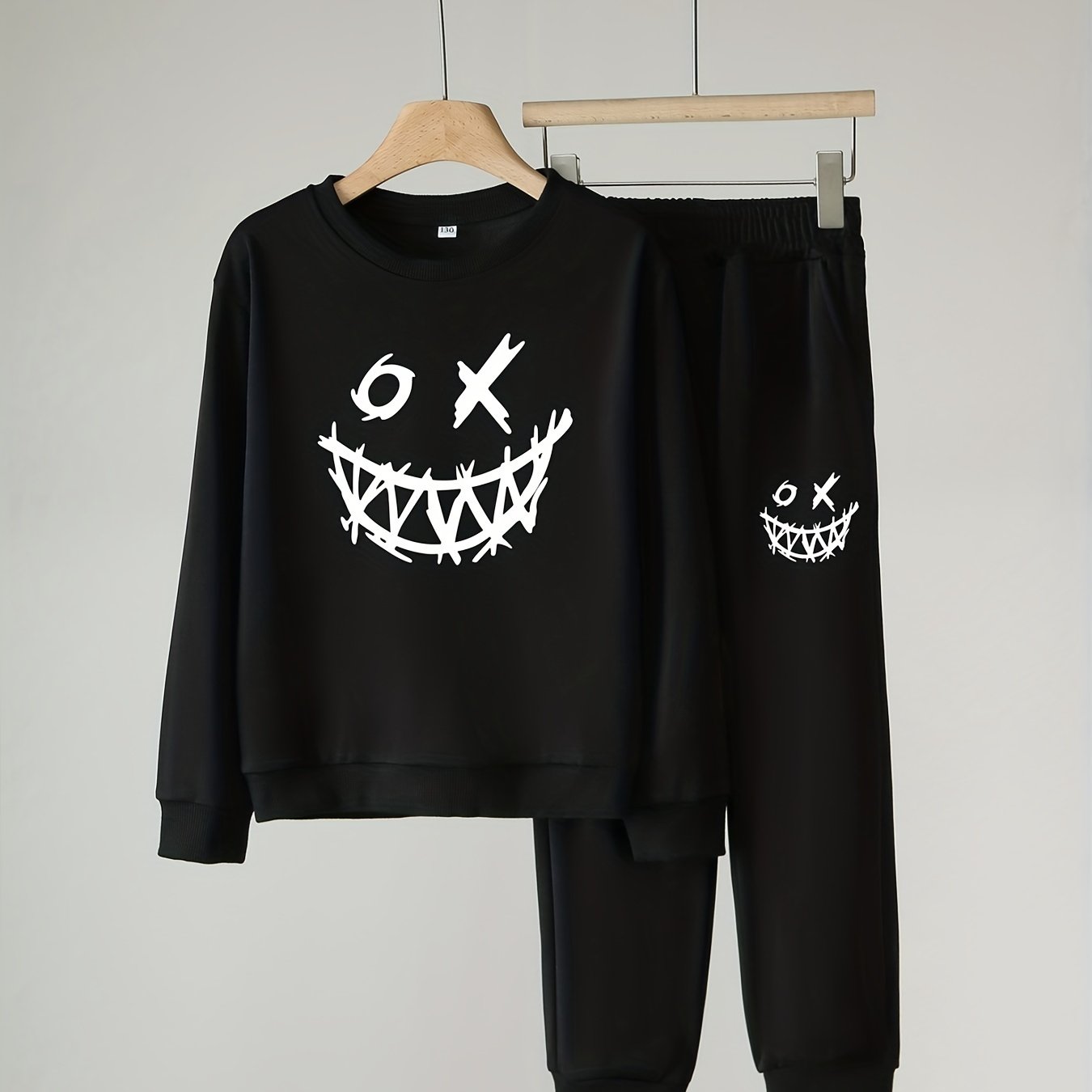 Funny Face Pattern Boy's 2pcs Sweatshirt & Sweatpants Set Halloween Style