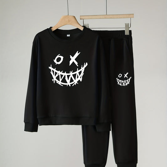 Funny Face Pattern Boy's 2pcs Sweatshirt & Sweatpants Set Halloween Style