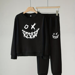 Funny Face Pattern Boy's 2pcs Sweatshirt & Sweatpants Set Halloween Style