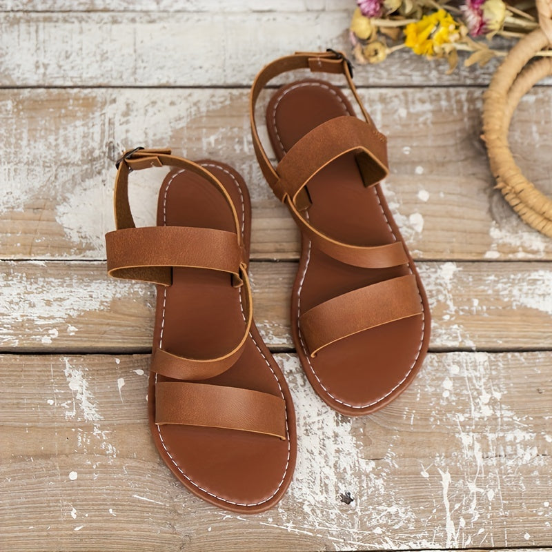 Women's Flat Sandals Buckle Strap Faux Leather Lightweight Summer Sandals